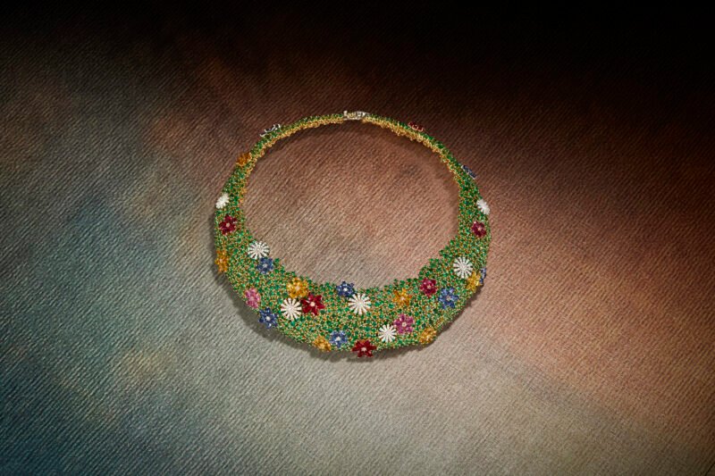 Damiani Floréa necklace with emerald ground and multicoloured gemstone flowers