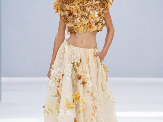 Zimmermann’s Spring 2027 opening look pairs a gilded butterfly-and-petal bodice with a botanical skirt