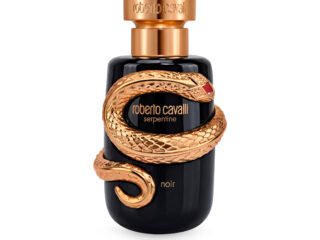 Black Roberto Cavalli Serpentine Noir perfume bottle encircled by a metallic serpent with a red detail on its head.