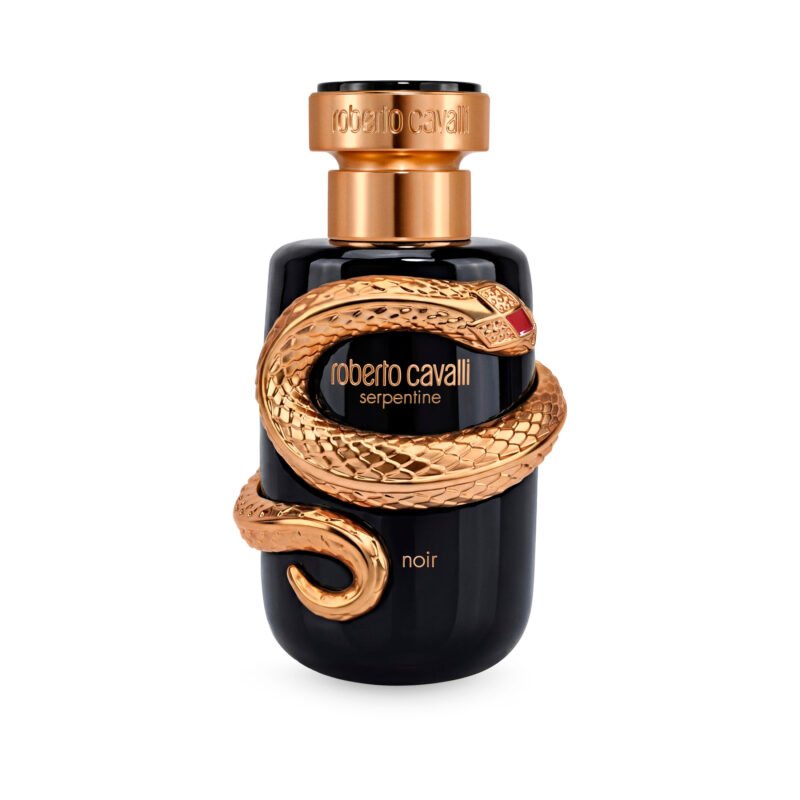 Black Roberto Cavalli Serpentine Noir perfume bottle encircled by a metallic serpent with a red detail on its head.