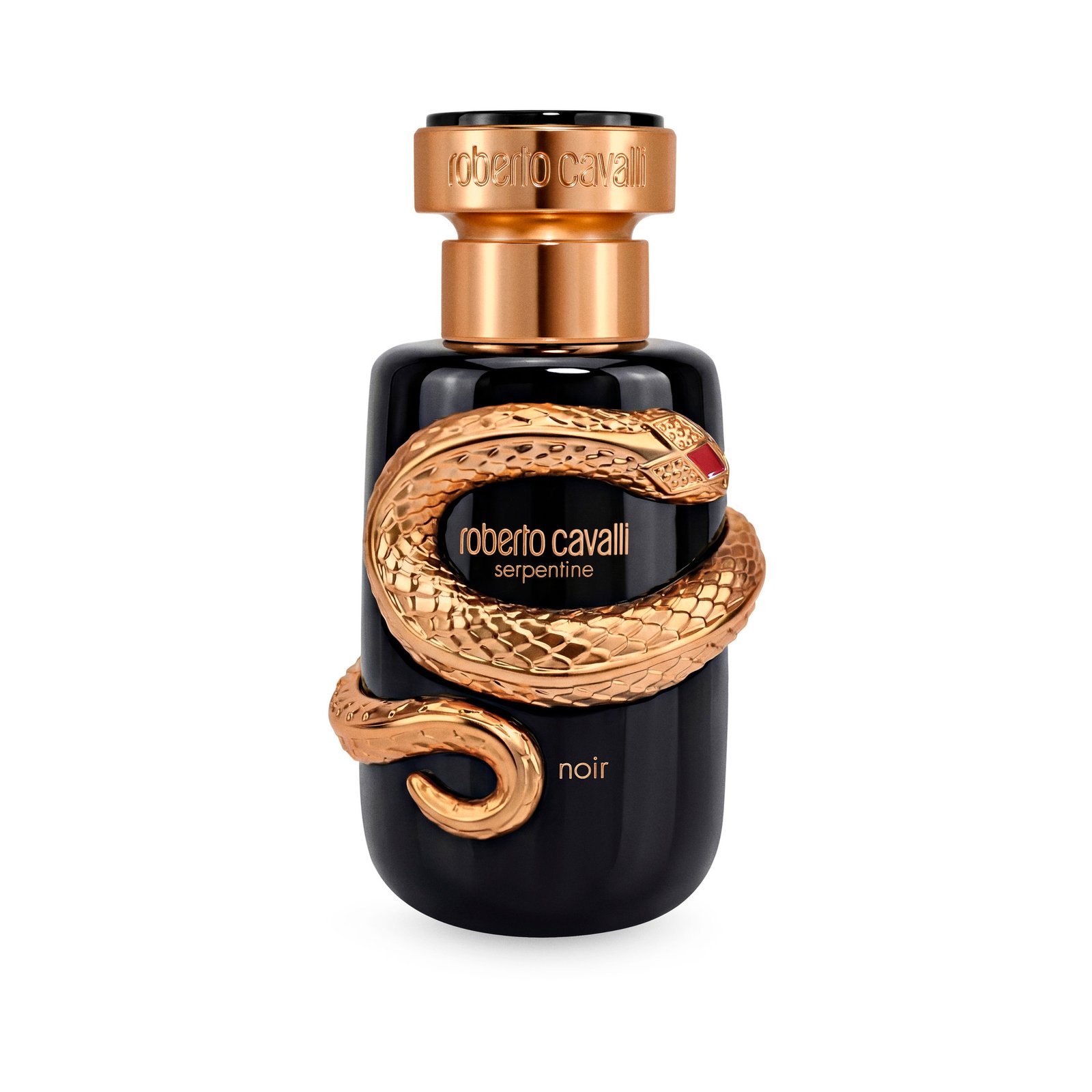 Black 50ml Serpentine Noir perfume bottle with a coiled metallic serpent and cylindrical cap.