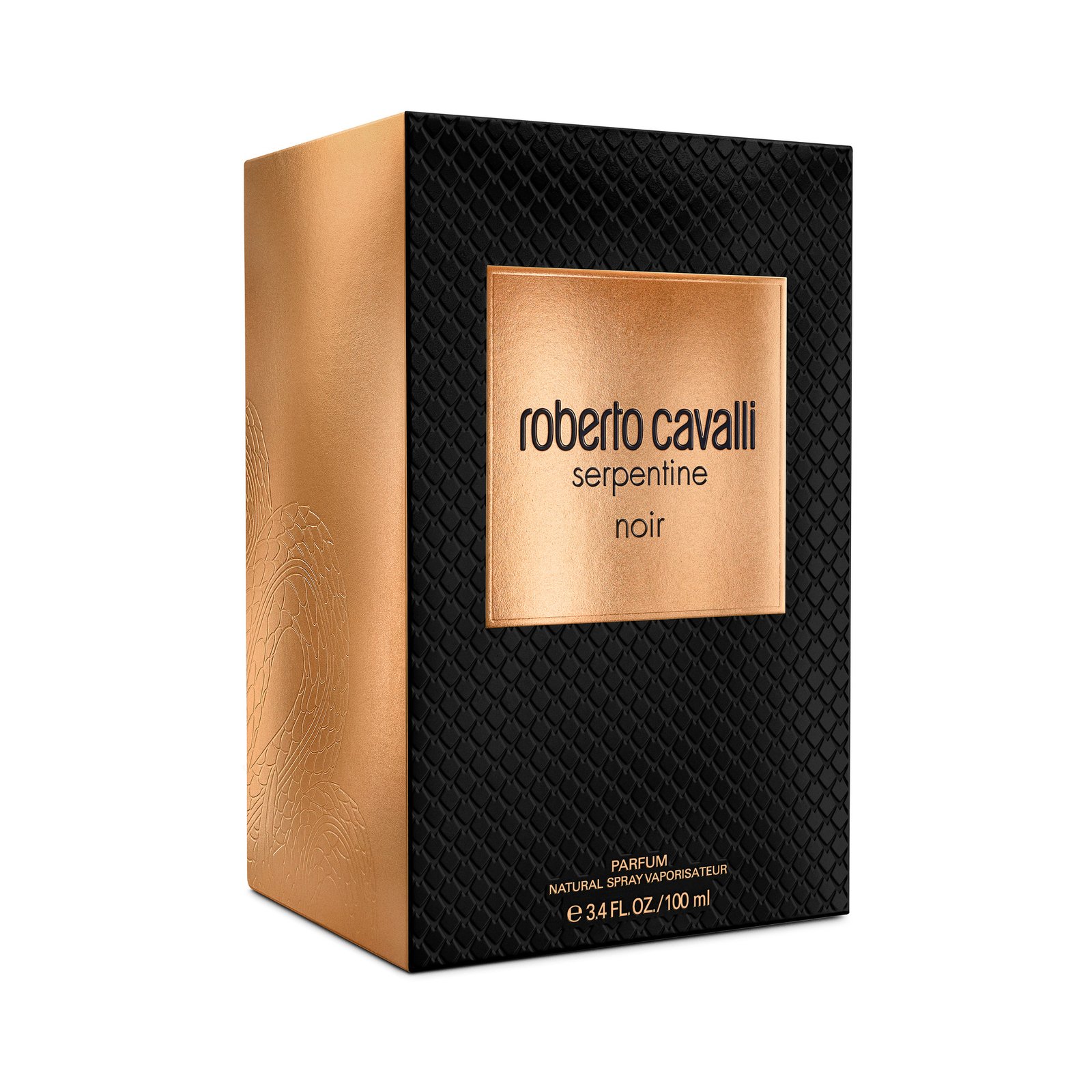 Angled view of a black textured Serpentine Noir carton with a metallic gold side and front panel.