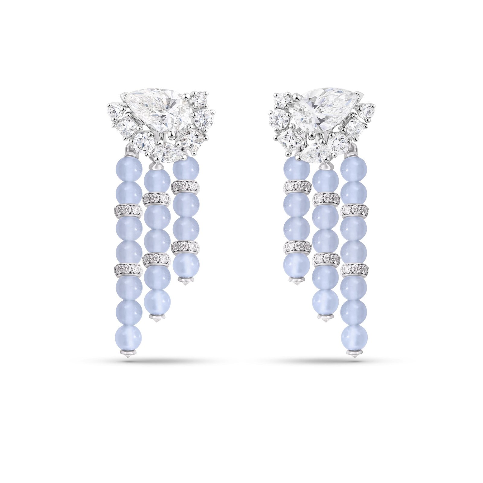 Cascade earrings with diamond tops and three strands of pale blue beads