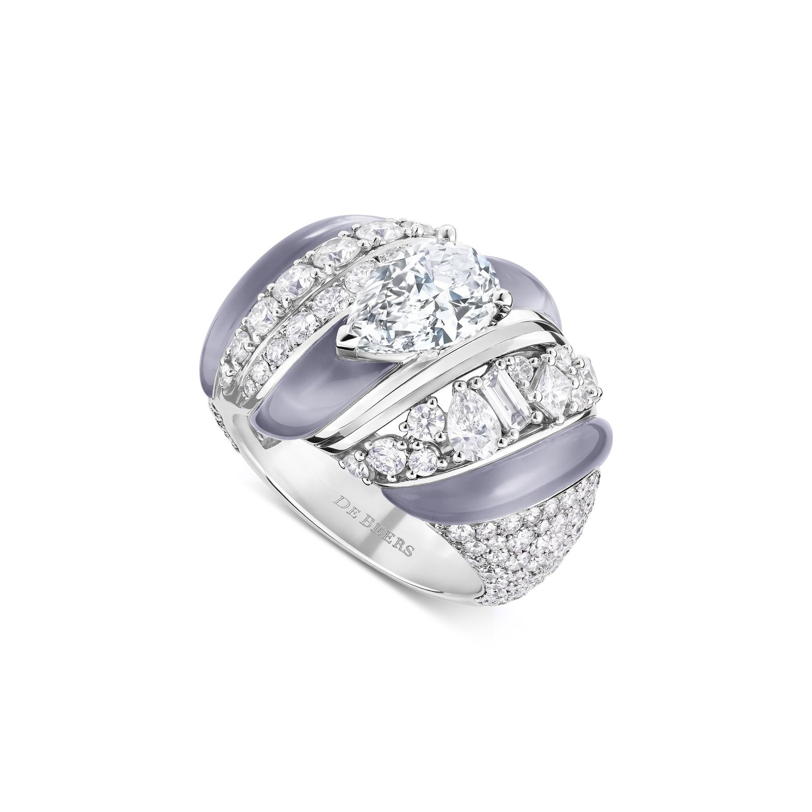 Sculptural Cascade ring with twisting pavé diamond bands and pale blue accents