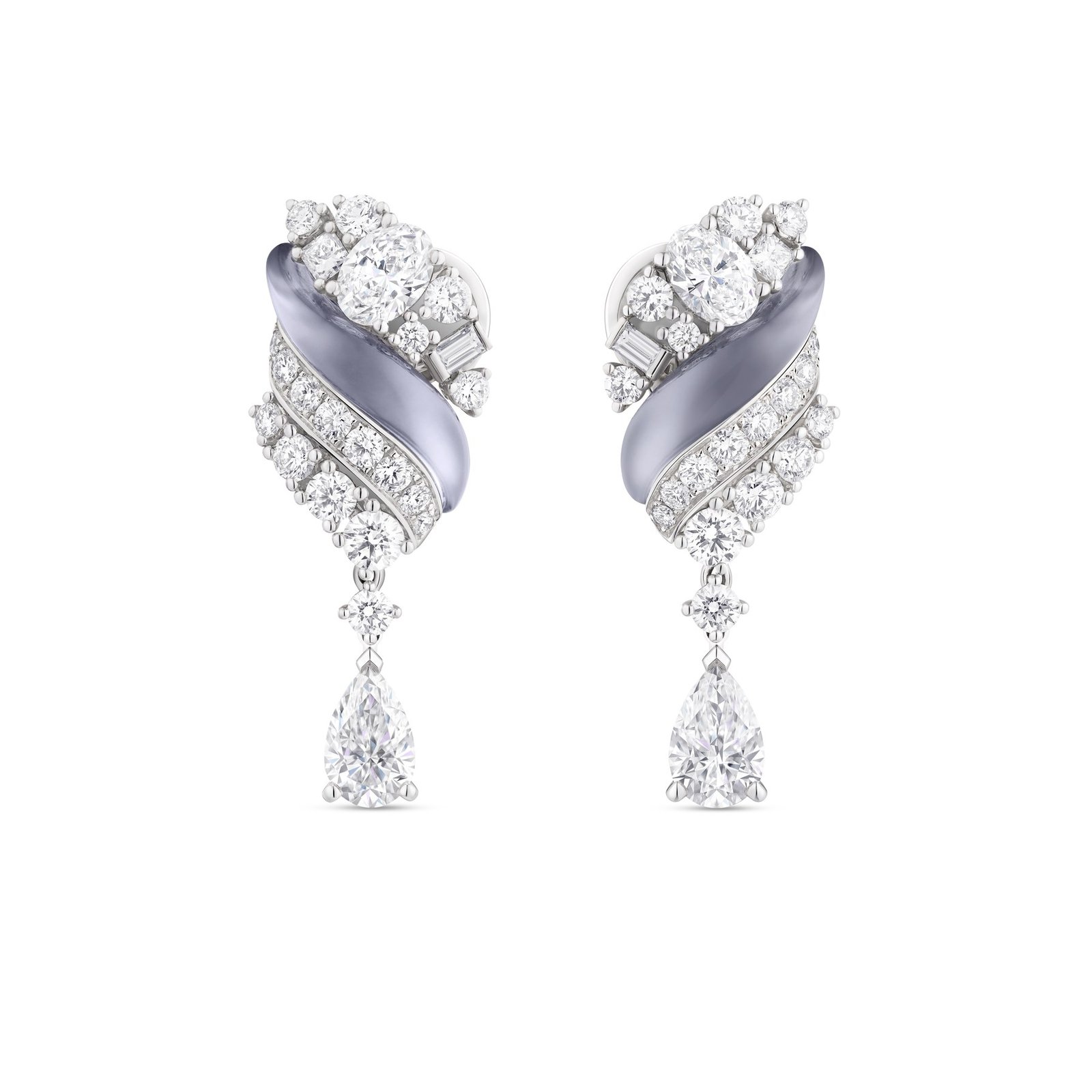 Cascade drop earrings with twisted diamond-set forms and pear-shaped pendants