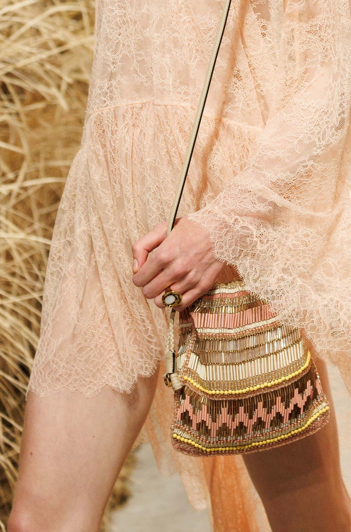 Close-up of an ornate Etro shoulder bag worn with a sheer pale outfit