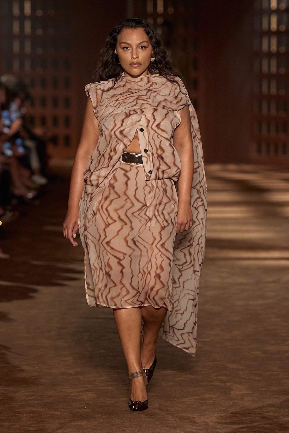 A layered patterned look from the Ferragamo women’s runway collection