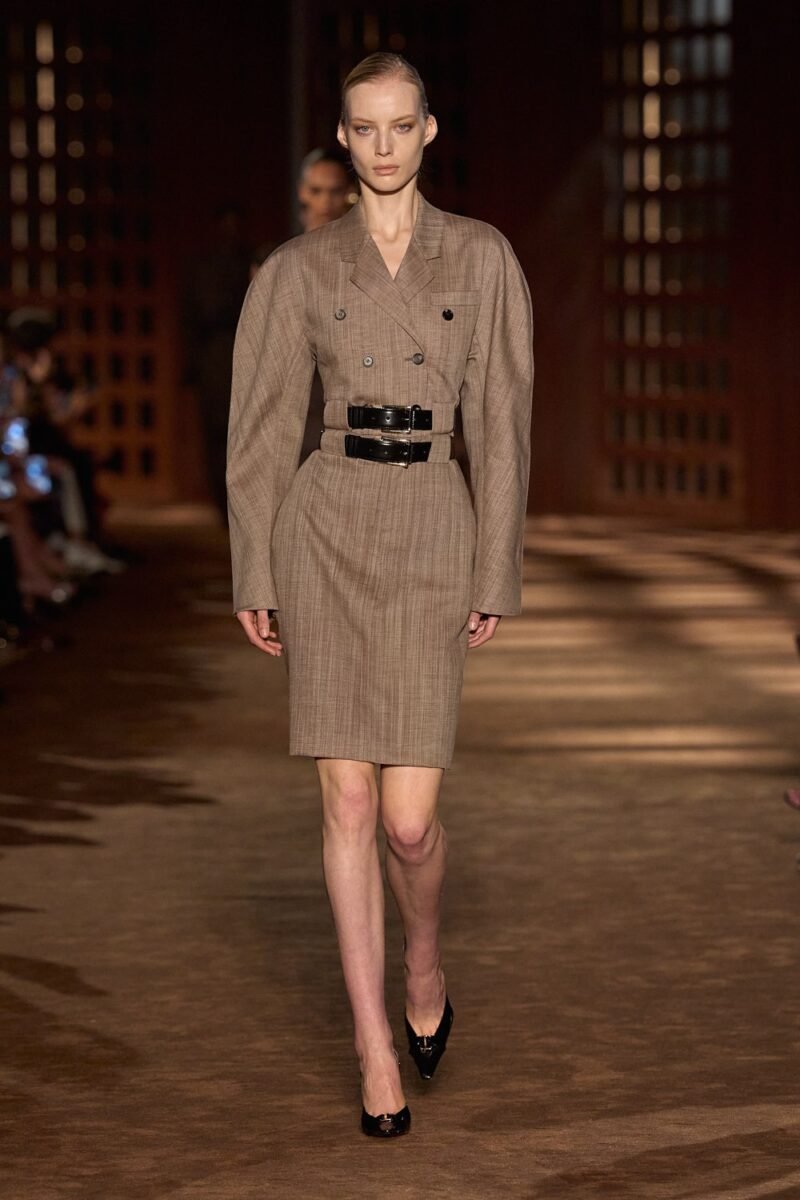 A belted tailored look from the Ferragamo women’s runway collection