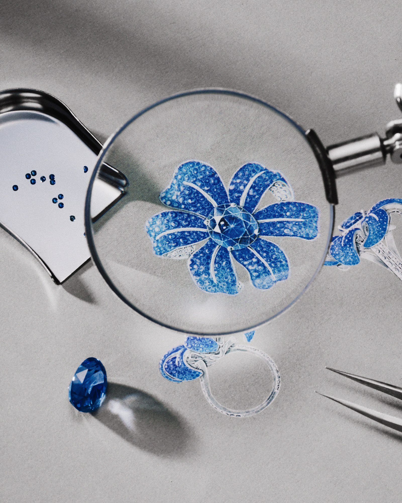 Gucci high-jewellery floral design studied through a magnifying glass in the workshop