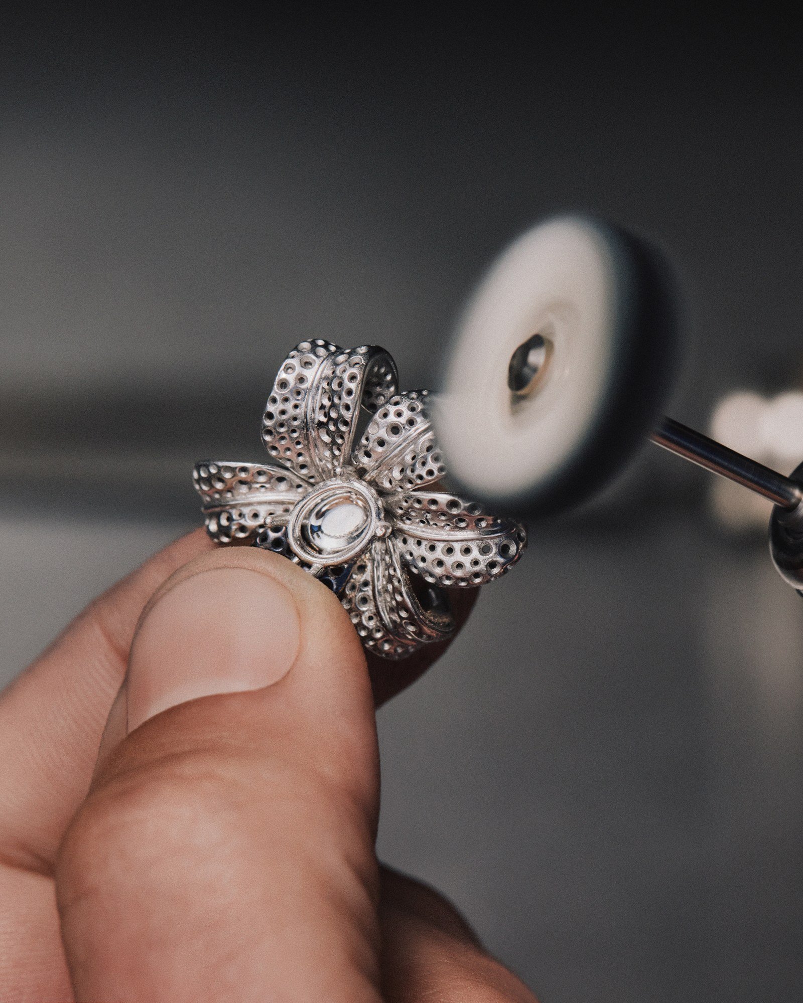 Finishing a sculptural flower setting for Gucci high jewellery