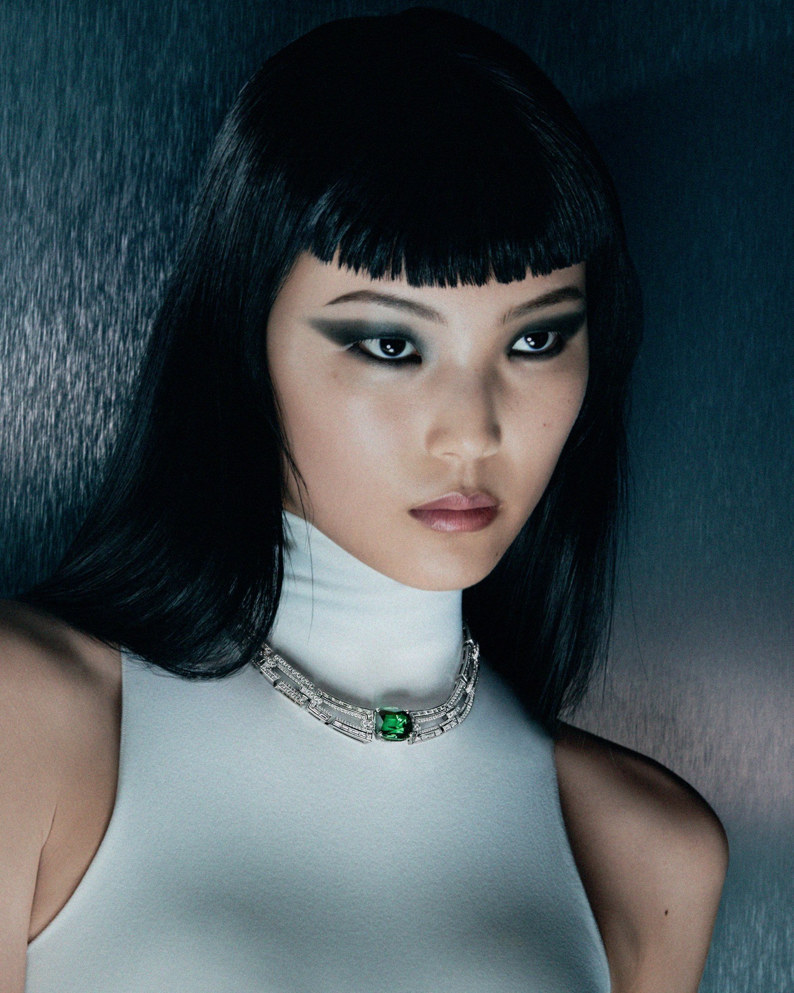 Gucci high-jewellery choker with a green centre stone in the official 2026 campaign