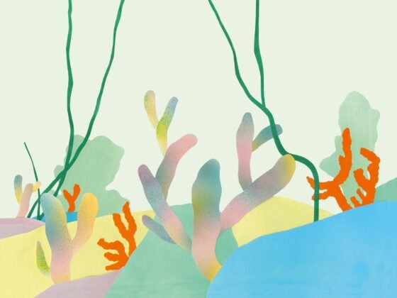 A colourful illustration of an underwater garden, with orange coral shapes, pale branching forms and long green stems above a blue foreground
