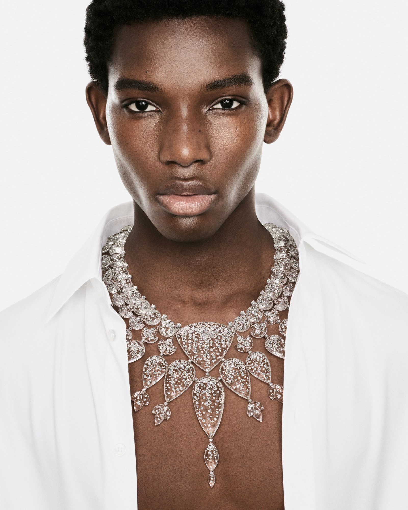 Rain necklace worn in Boucheron’s Human Being campaign, with diamonds suspended inside rock-crystal droplets.