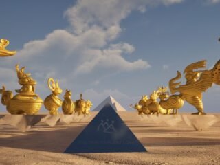 Project rendering of two lines of gold-coloured mythical figures on angular bases, framing a pyramid in the distance