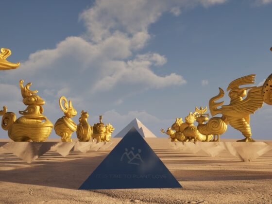 Project rendering of two lines of gold-coloured mythical figures on angular bases, framing a pyramid in the distance