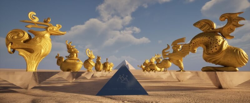 Project rendering of two lines of gold-coloured mythical figures on angular bases, framing a pyramid in the distance
