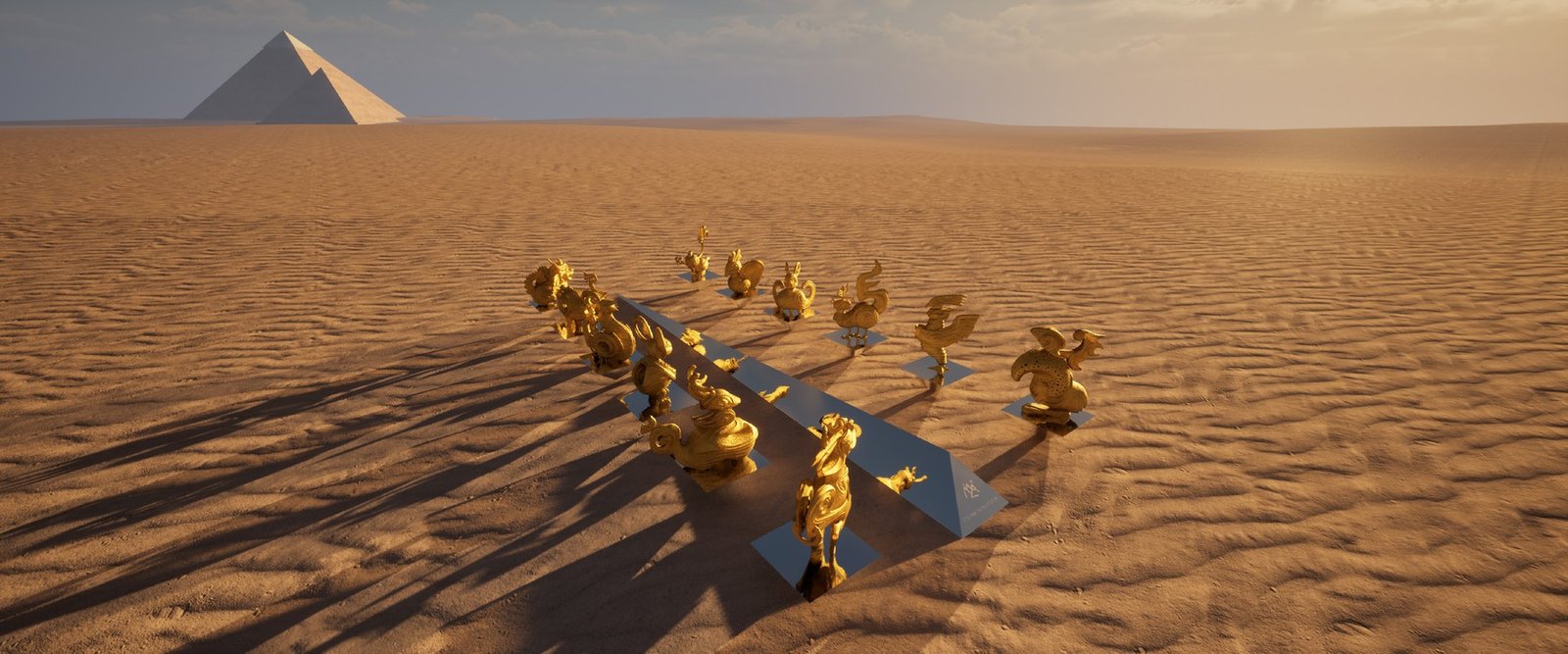 Elevated project rendering showing the two lines of mythical figures and a central pathway across the sand