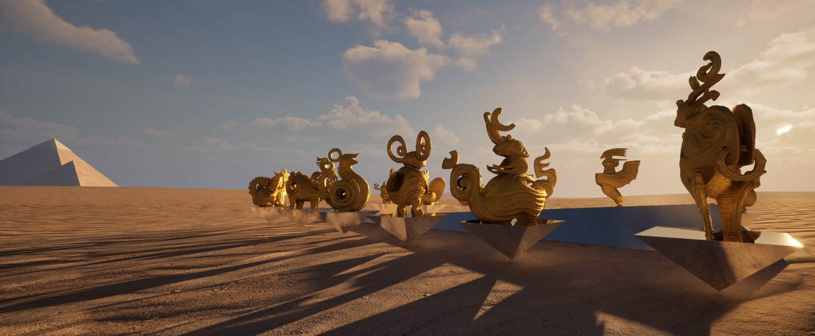 Project rendering of gold-coloured mythical figures beside a pathway, with a pyramid on the horizon