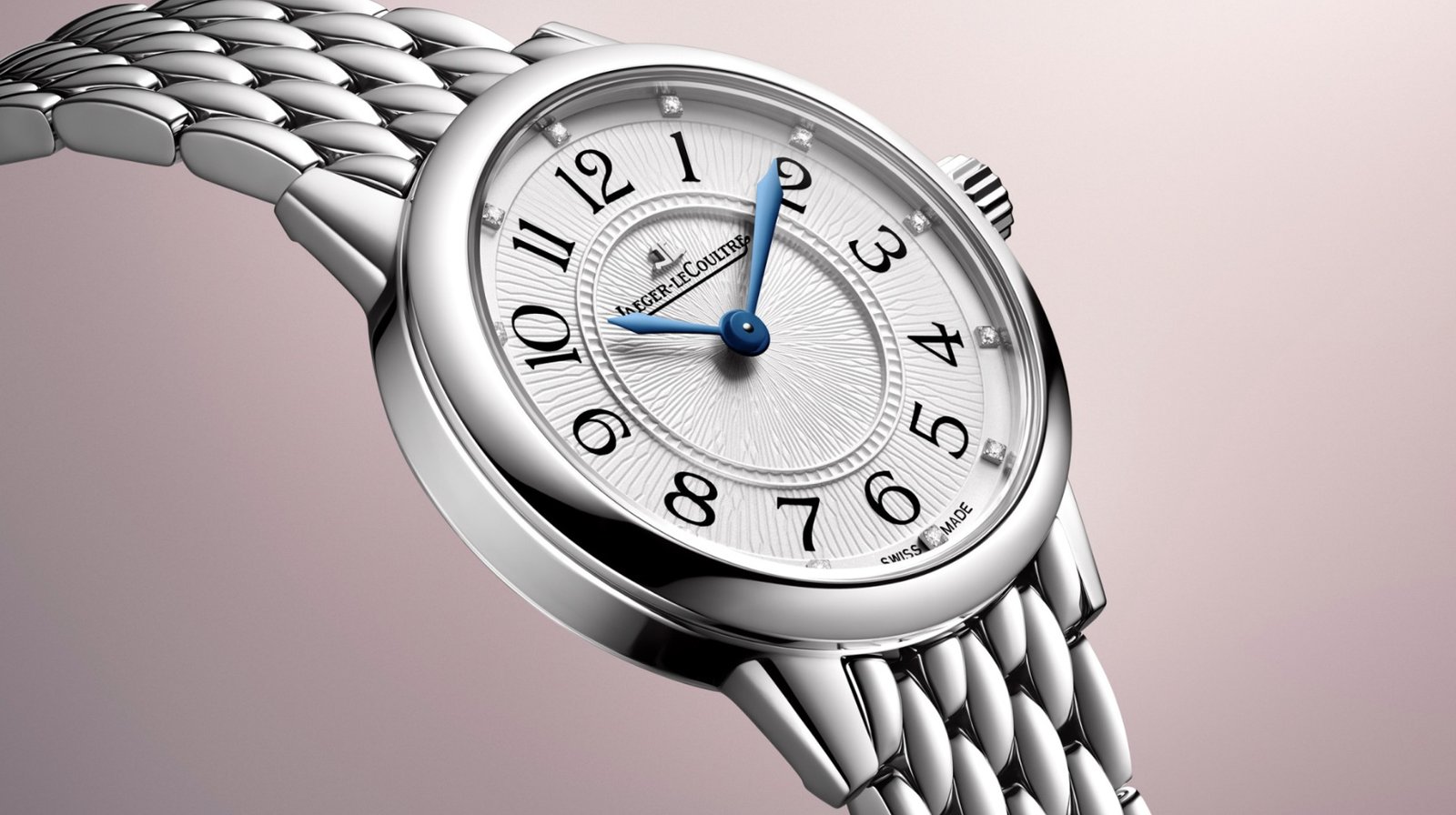 Close-up of the Jaeger-LeCoultre Rendez-Vous Hour-Minute steel watch and lozenge-link bracelet