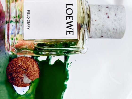 Loewe Field Diary bottle beside lychee and green pigment in a textured still life