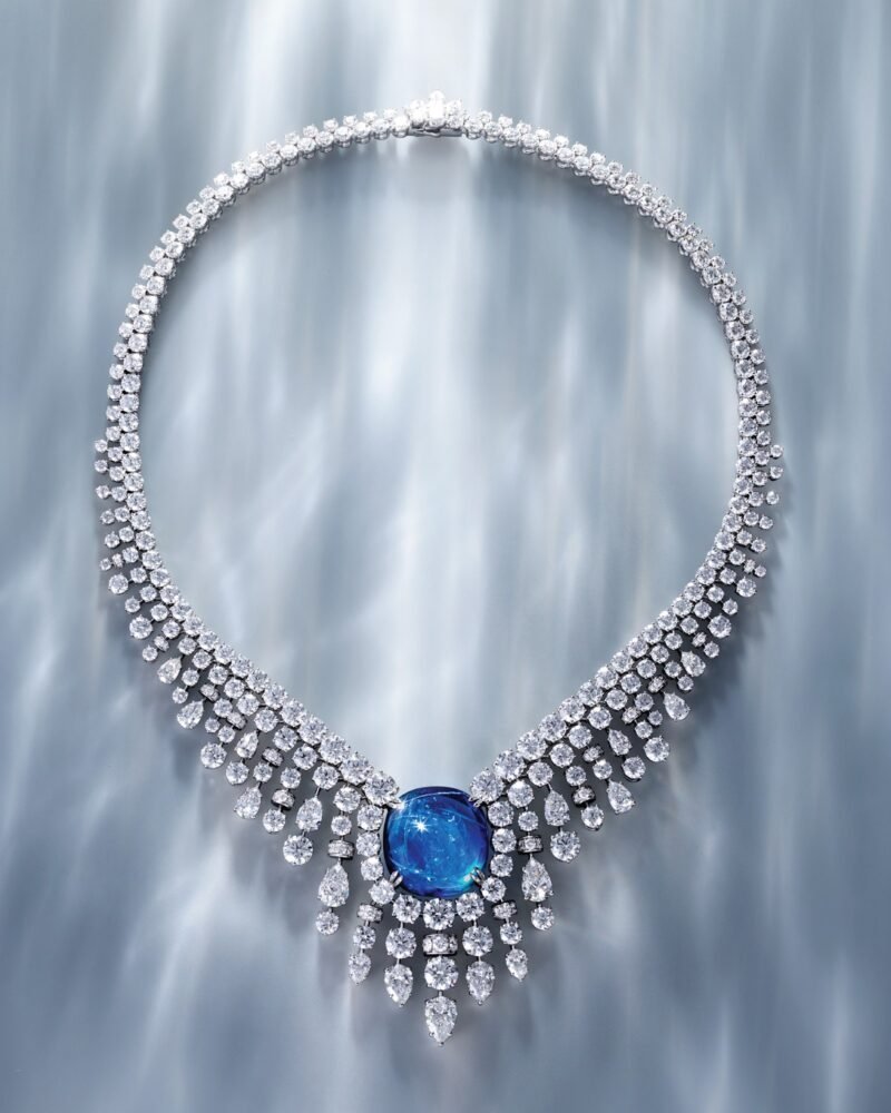 Mouawad Cascading Veil necklace with its 62.89-carat sapphire and graduated diamond fringe