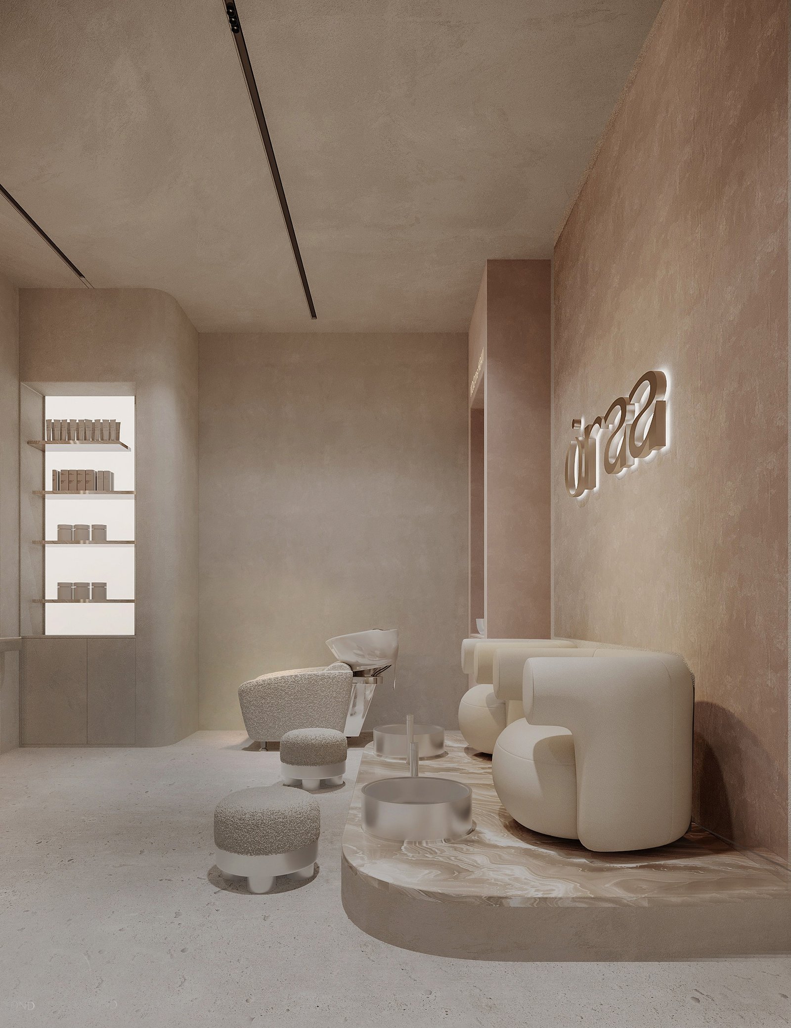 3D rendering of ORAA’s beauty area with a cream upholstered chair, small stools and a rounded platform beneath the club’s wall logo