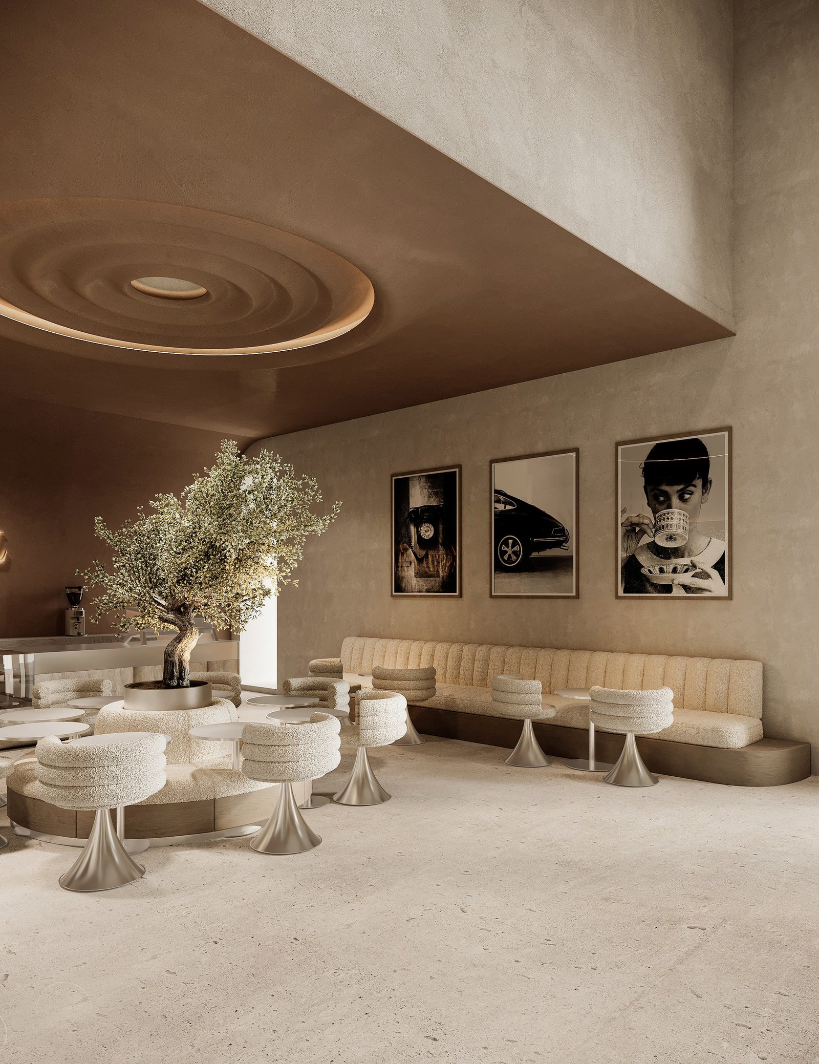 3D rendering of Missed Call Café with cream chairs, round tables, a long banquette and framed photographs beneath a circular ceiling light