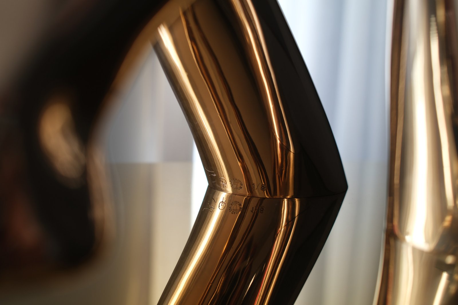 Close-up of a polished bronze leg form and its reflection on a dark surface