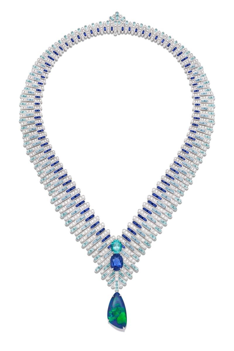 Blue Illusions G37T6000, a white-gold necklace with an 8.52-carat Madagascan sapphire, a 3.30-carat Paraíba tourmaline, black opal, sapphires, green tourmalines and diamonds.