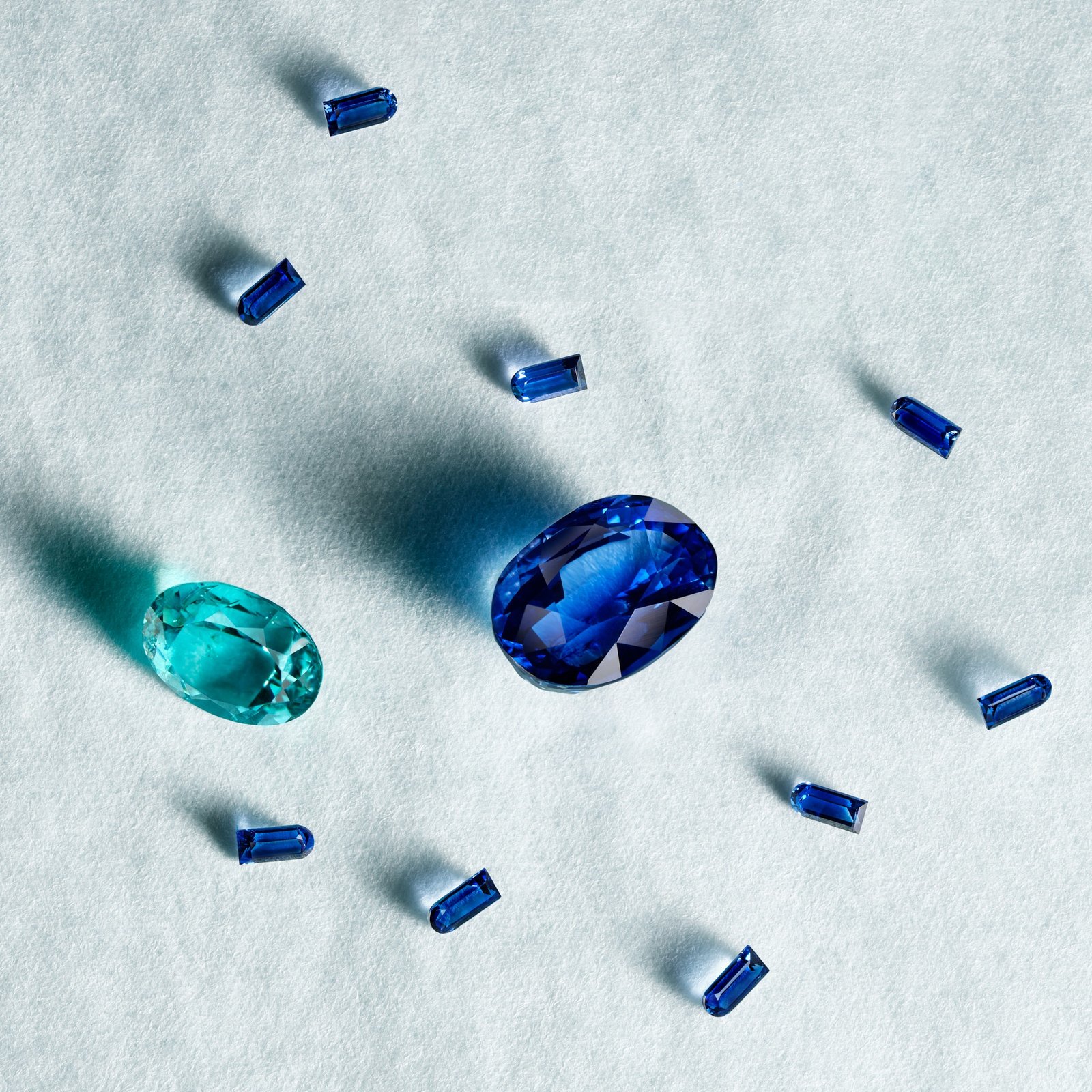 A Piaget studio study of the sapphire, Paraíba tourmaline and supporting blue stones for Blue Illusions.