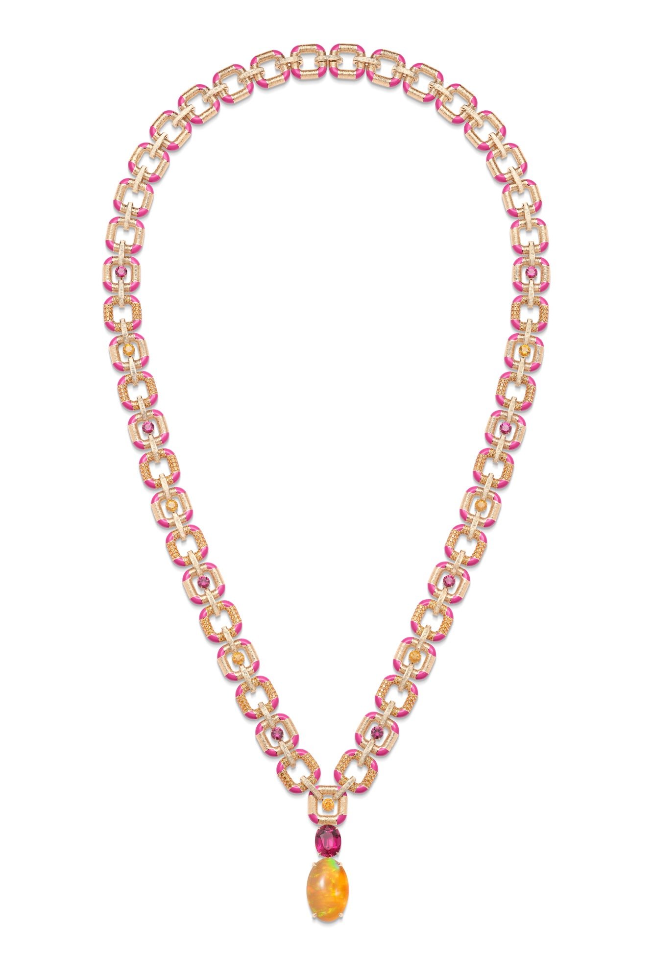 Sunset Prism G37T6600, a rose-gold sautoir with fire opals, rubellites, spessartites and cold enamel, including a 30.32-carat Mexican fire opal and an 8.02-carat Brazilian rubellite.