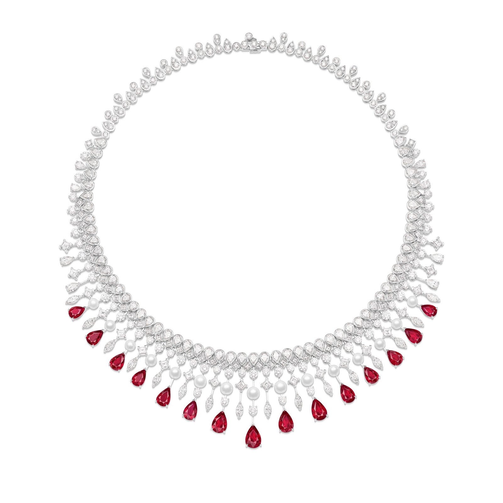 Gleaming Radiance G37T7100, a white-gold necklace with 15 pear-shaped Mozambican rubies, white pearls and diamonds.