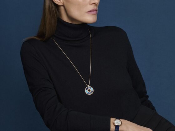 The silvered-dial Piaget Sixtie on a blue alligator strap in the official campaign.