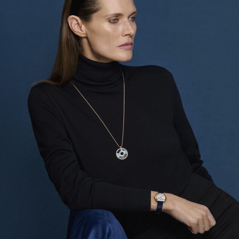 The silvered-dial Piaget Sixtie on a blue alligator strap in the official campaign.