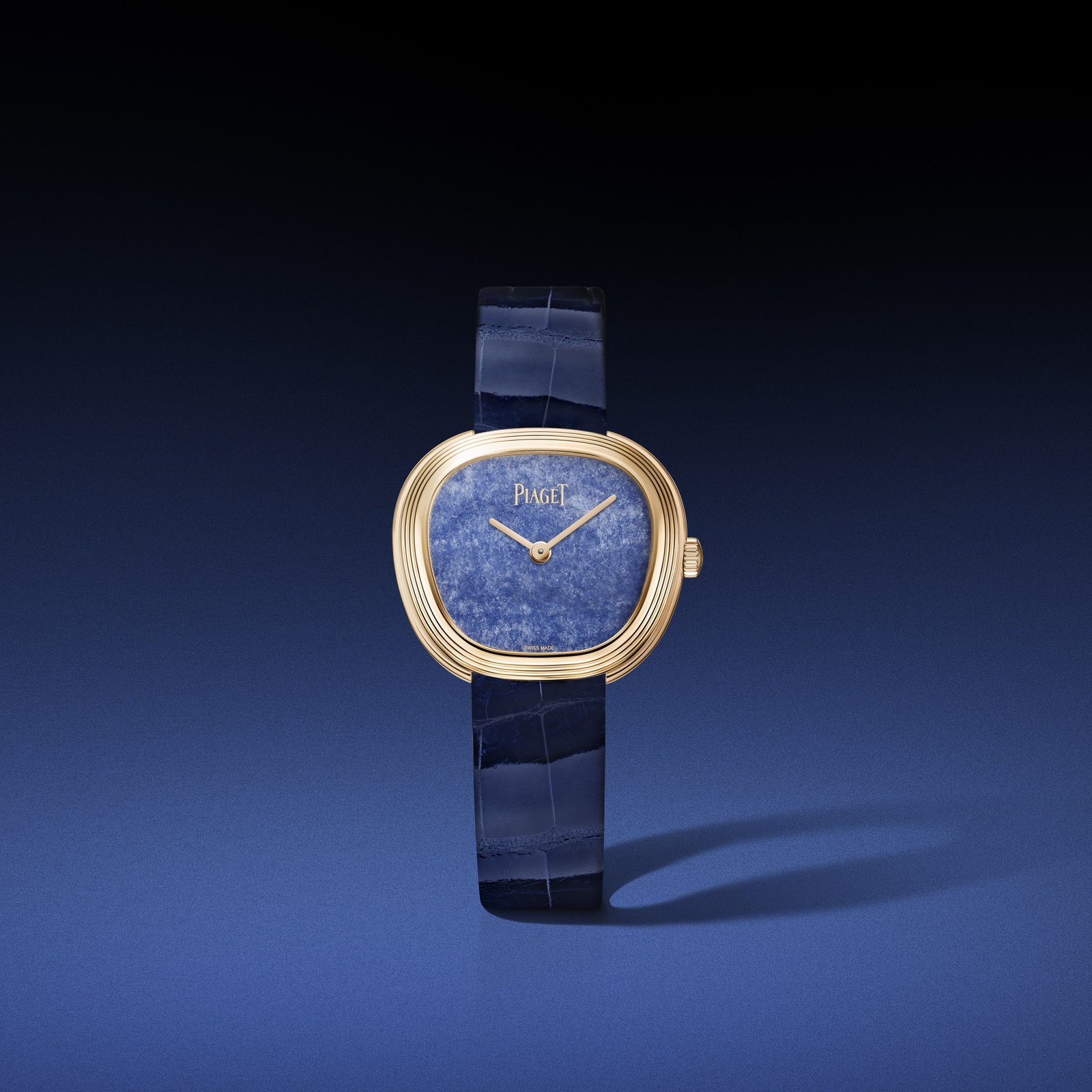 Piaget Sixtie G0A51335 combines an 18-carat pink-gold case, a blue-quartz dial and a blue alligator strap.