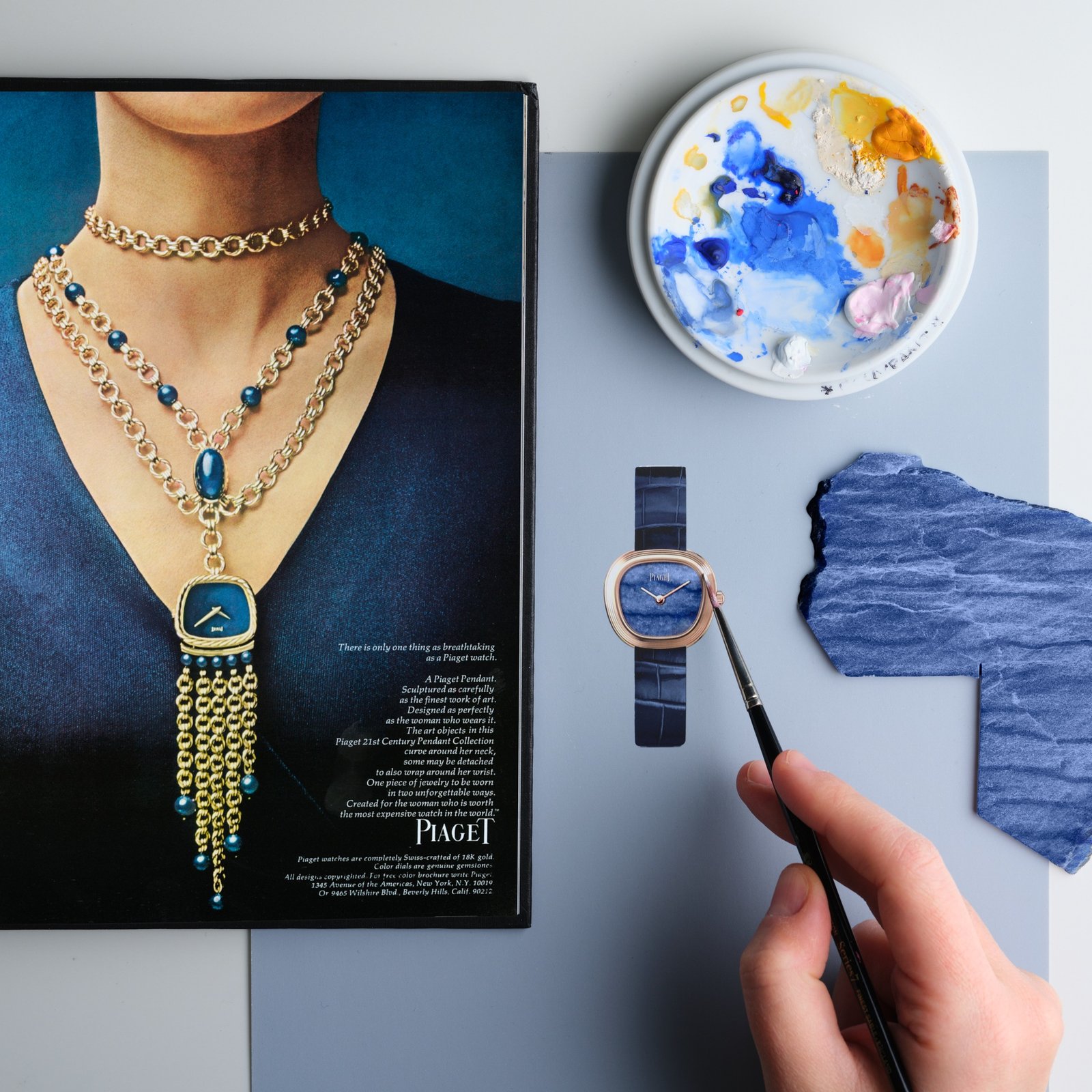A Piaget studio composition places the blue-quartz Sixtie beside stone, colour studies and an archival jewellery-watch image.