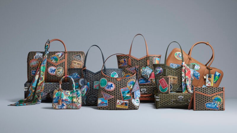 Hotel Moynat bags, scarves and small leather goods with colourful travel-inspired patches