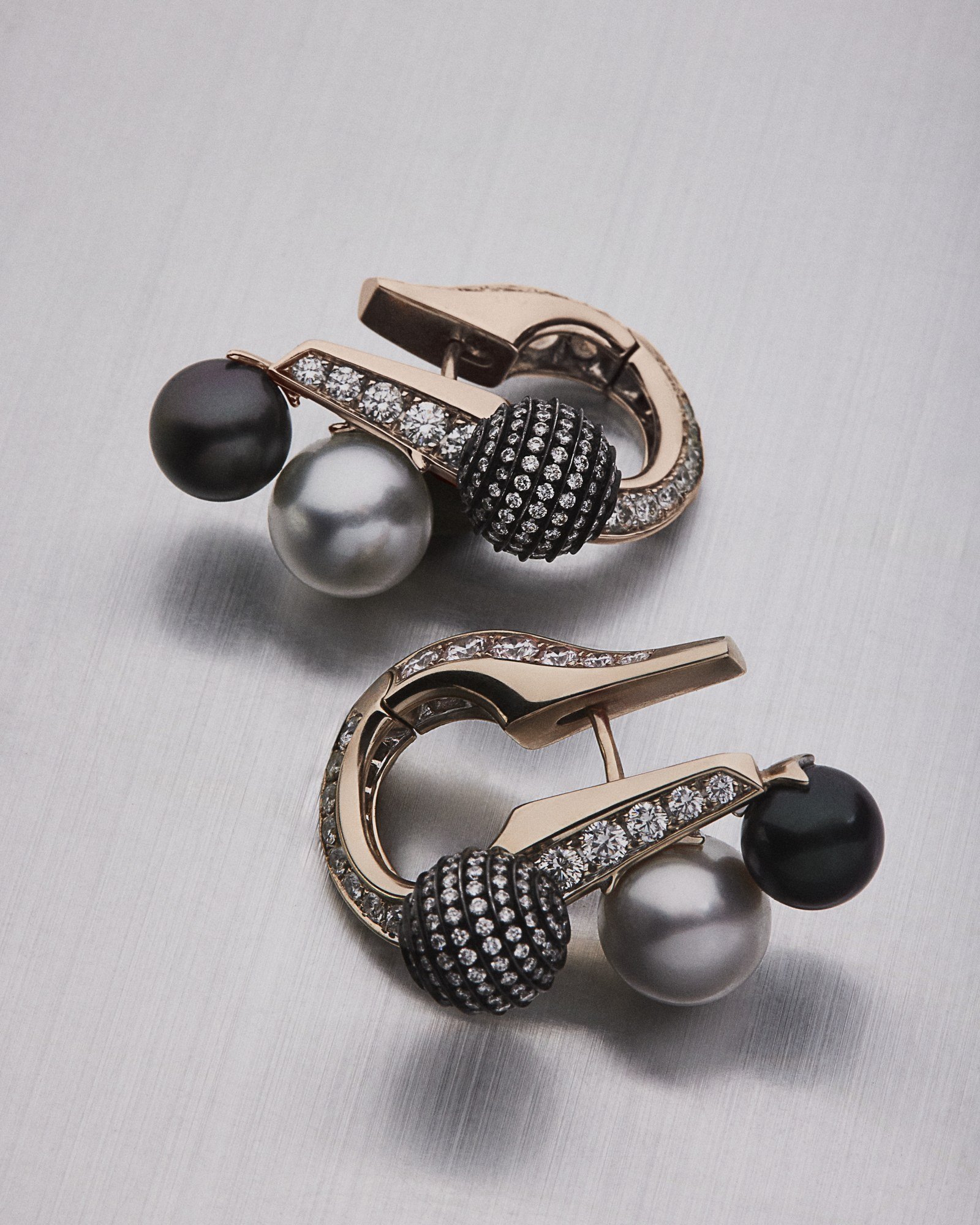 Repossi Limited Edition No7 earrings with grey pearls and black-gold diamond beads