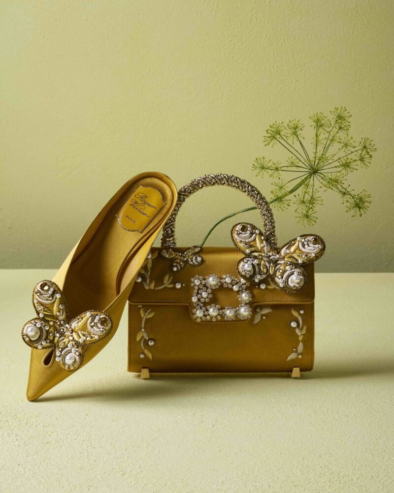Yellow pointed shoe and matching embellished top-handle bag from Roger Vivier Spring/Summer 2027