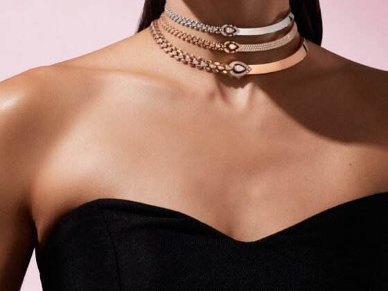 Sartoro Genève Dualité chokers combining contrasting surface treatments around pear-shaped centres