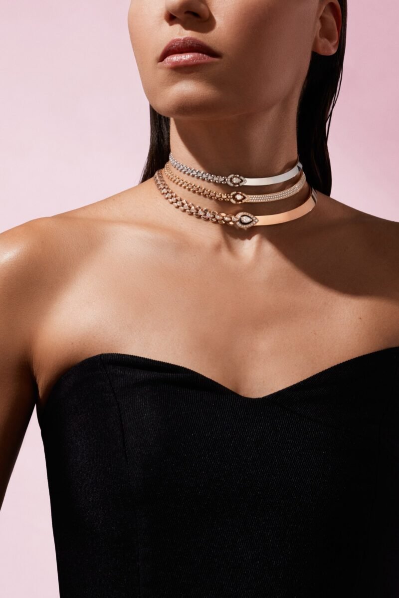 Sartoro Genève Dualité chokers combining contrasting surface treatments around pear-shaped centres