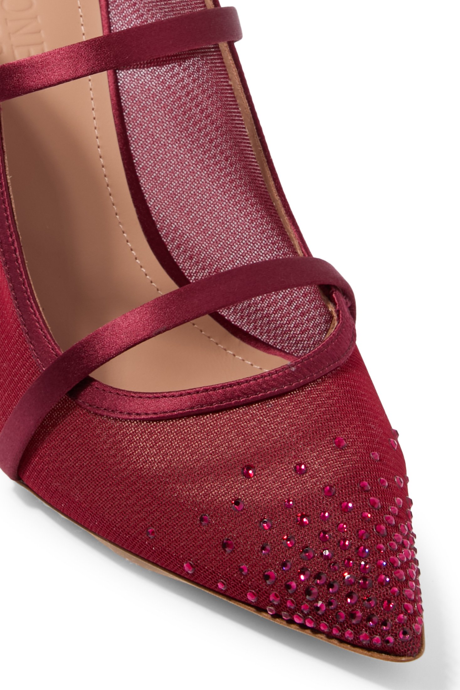 Close view of burgundy Maureen mules with mesh, satin and tonal crystals
