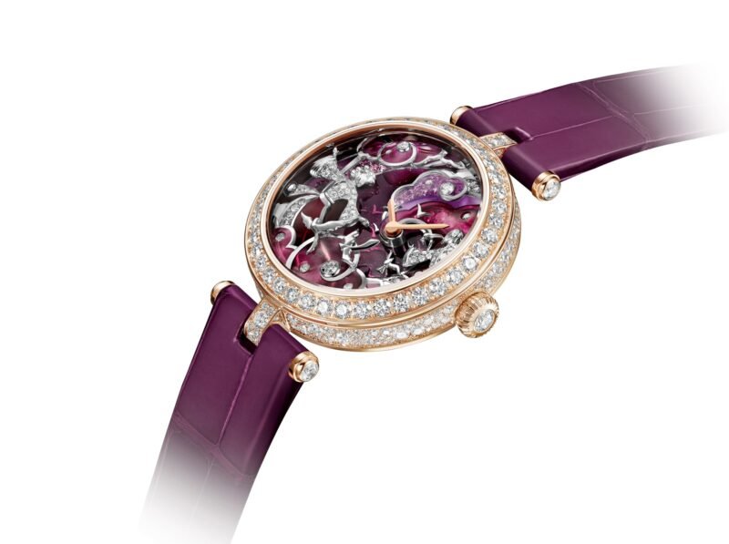 Van Cleef & Arpels Lady Retrouvailles Célestes watch in rose gold with a pink and mauve enamel scene