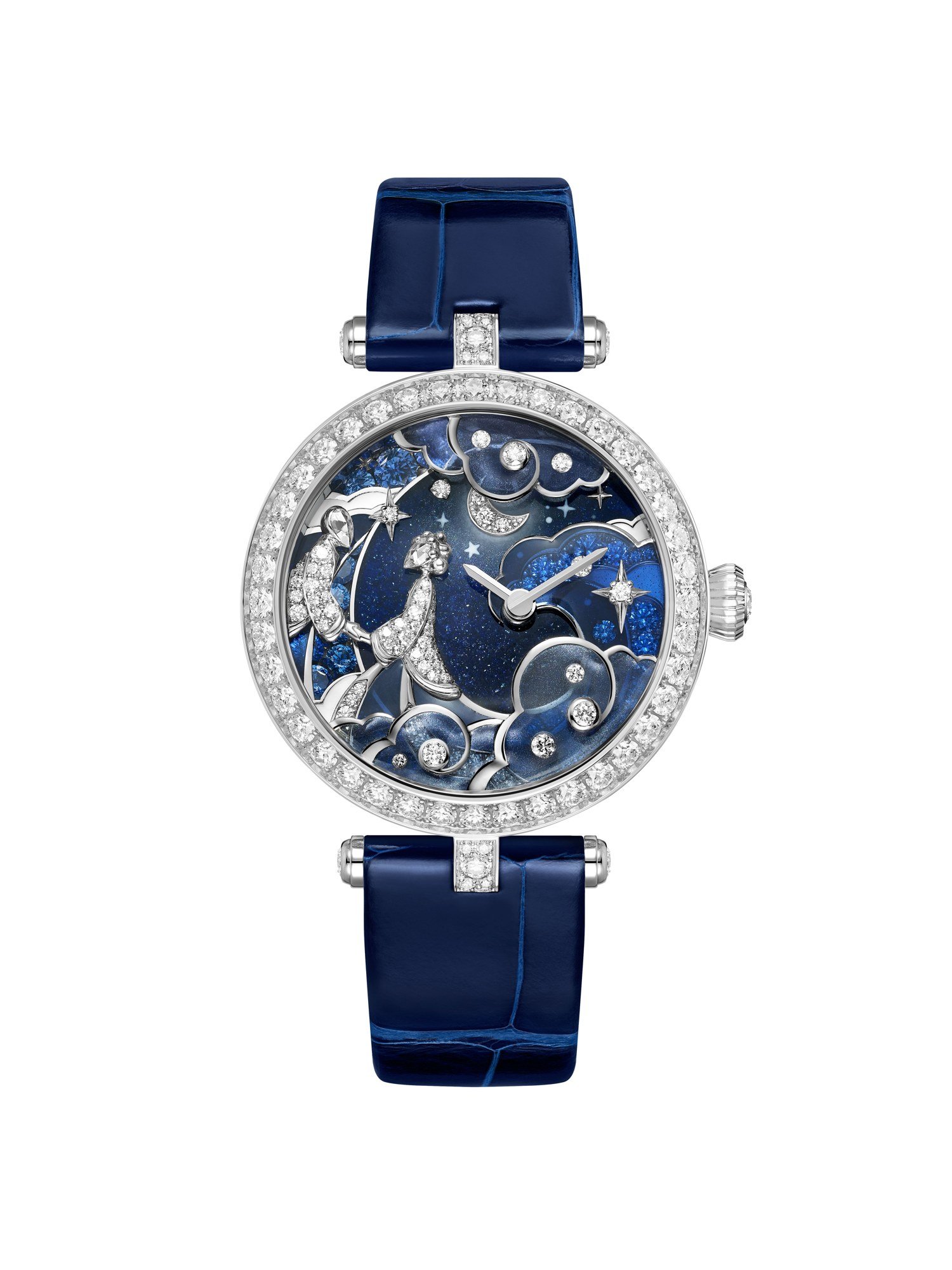 Van Cleef & Arpels Lady Rencontre Céleste watch with a blue enamel dial and white-gold figures